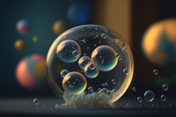 Liquid bubbles, Colorful iridescent foam balls or spheres, soap bubbles illustration