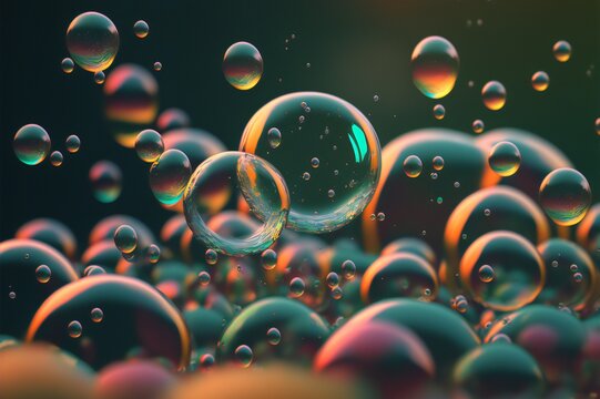 Liquid bubbles, Colorful iridescent foam balls or spheres, soap bubbles illustration