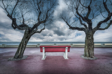 Lonely Red Bench Between Two Old Trees on The City Embankment of Arcachon in Cloudy Weather. France.