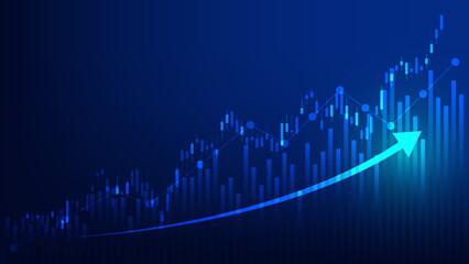 Financial business statistics with bar graph and candlestick chart show stock market price and effective earning on blue background