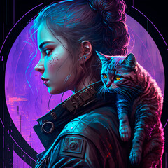 This illustration is an unusual picture where a girl from the cyberpunk world stands next to her beloved pet - a cat. Created with Generative AI technology.