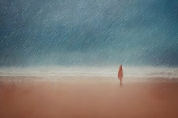 Fototapeta premium Silhouette of a person walking on a beach under the rain, generative ai illustration, very soft pastel colors