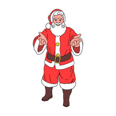 Vector cartoon illustration of cute traditional Santa Claus character presenting or showing open hand palm on christmas day