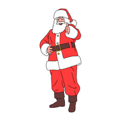 Vector cartoon illustration of cute traditional Santa Claus character showing thumbs up on christmas day