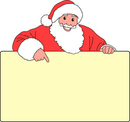 Vector cartoon illustration of cute traditional Santa Claus character peeking over a sign and pointing by index finger to it on christmas day