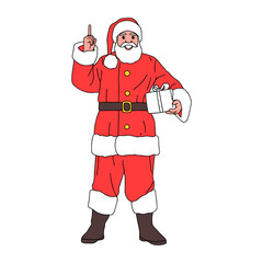 Vector cartoon illustration of cute traditional Santa Claus character having great idea, finding inspiration or solution to problem with pointing finger up and holding present on christmas day