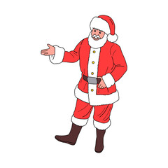 Vector cartoon illustration of cute traditional Santa Claus character with arm out in welcoming gesture on christmas day