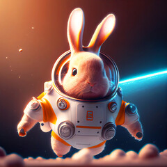 Funny Rabbit wear space suit floating in the space generative ai illustration