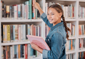 Books, happy or girl in a library to search for knowledge or development for learning growth. High school, portrait or scholarship student searching, studying or reaching for education or information