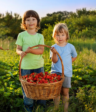 two cheerful boy with basket of strawberry in the summer garden 