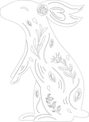 Rabbit, Bunny in White and Black. Сontour,  Line Art Coloring page. Easter symbol. Looks to left