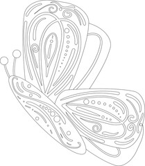 Butterfly in White and Black style. Coloring page. Doodle Сontour Illustration