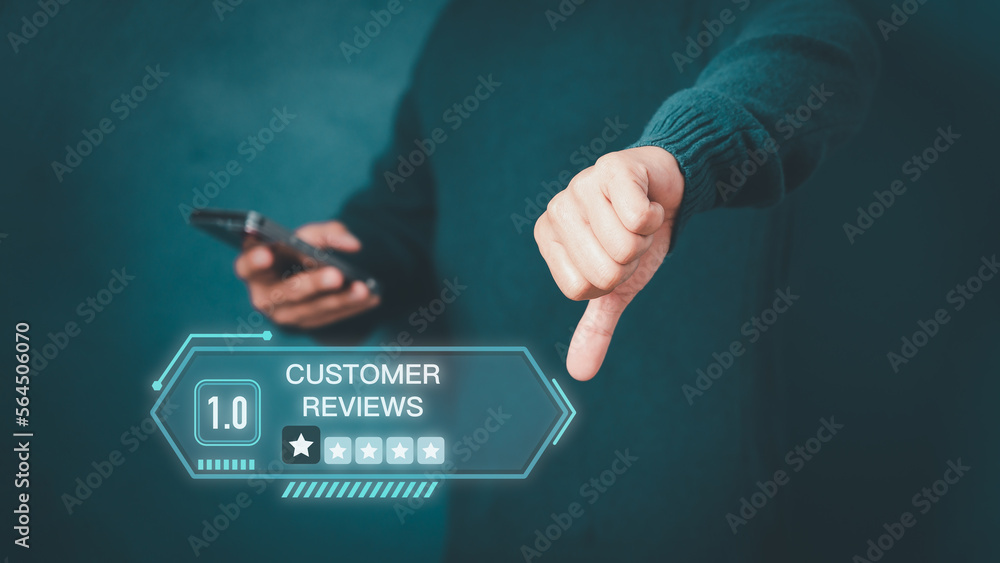 Aufkleber man give negative reviews for customer satisfaction surveys. one star rating for testimonial, custom