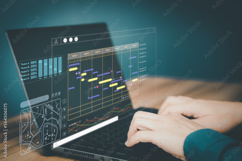 Poster Man working with technology computer in Business Analytics and Data Management System to make report with KPI and metrics connected to database. Corporate strategy for operations, planing, marketing.