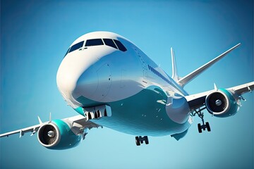 Fototapeta premium Airplane flying high in the blue sky. Generative AI