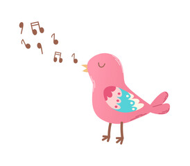 Hand drawn cartoon singing bird in flat style. Valentines day vector illustration.