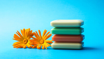 Colored soap bars with fresh marigold flowers isolated on blue background.