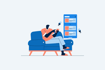 An illustration of a man listening to a podcast via a mobile phone application