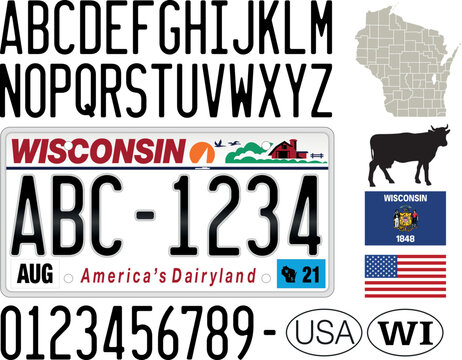 Wisconsin license plate, letters, numbers and symbols, USA, United States of America