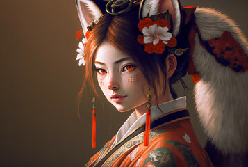 Japanese Red Girl Kitsune fox paint. AI generated 