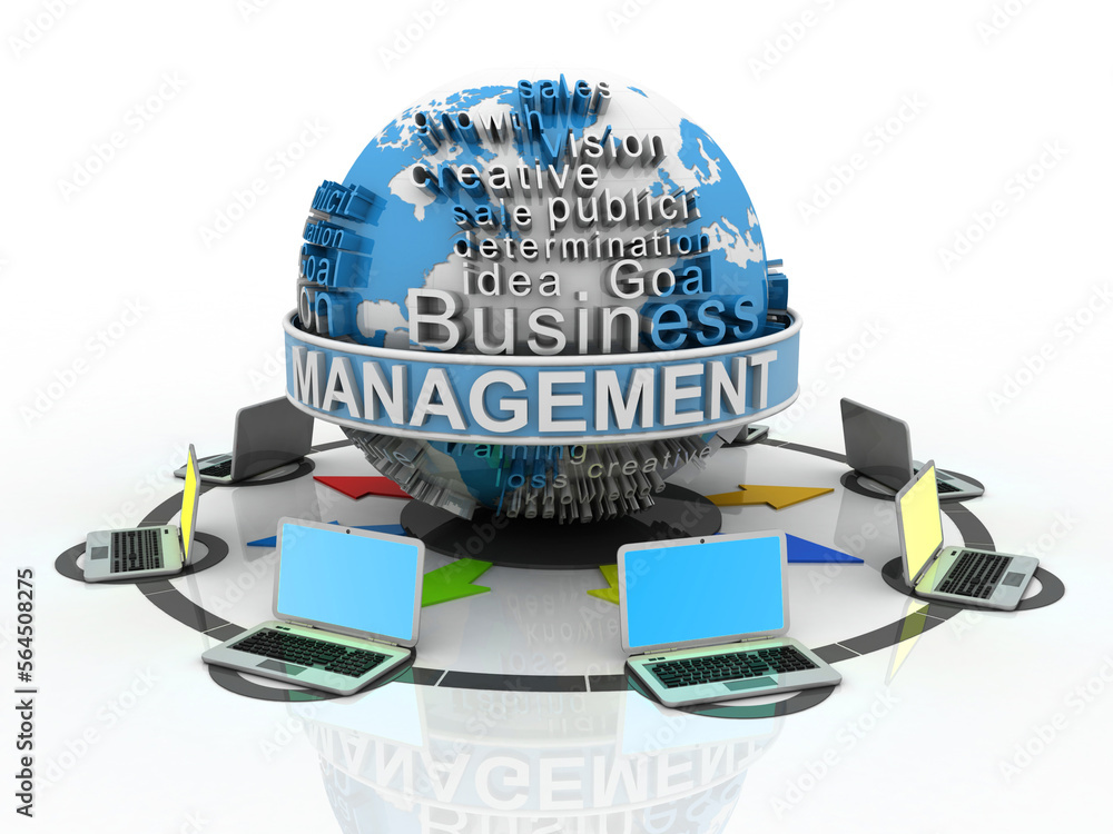 Poster 3d rendering management globe with computer network