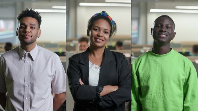 Split screen, portraits of a dark-skinned office workers against the background of international office space, managers looks at the camera and smiles, multiscreen.