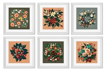 Set of vector illustrations of floral compositions in vintage style. Collection of flowers isolated in frames.