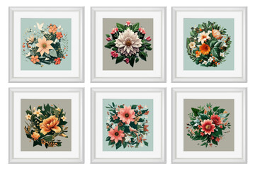 Set of vector illustrations of floral compositions in vintage style. Collection of flowers isolated in frames.