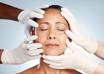 Cosmetics, plastic surgery and hands check woman face for laser, botox implant or beauty salon....
