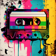 Cassette music tape fusion of contemporary art and old fashioned style. Pop art background, colorful colors, collage of celebration and party. Illustration. Generative AI.