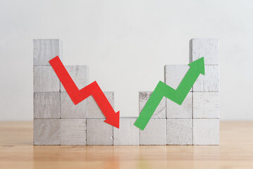 Wood bar chart and arrow red green graph chart volatility up and down on wooden table white wall...