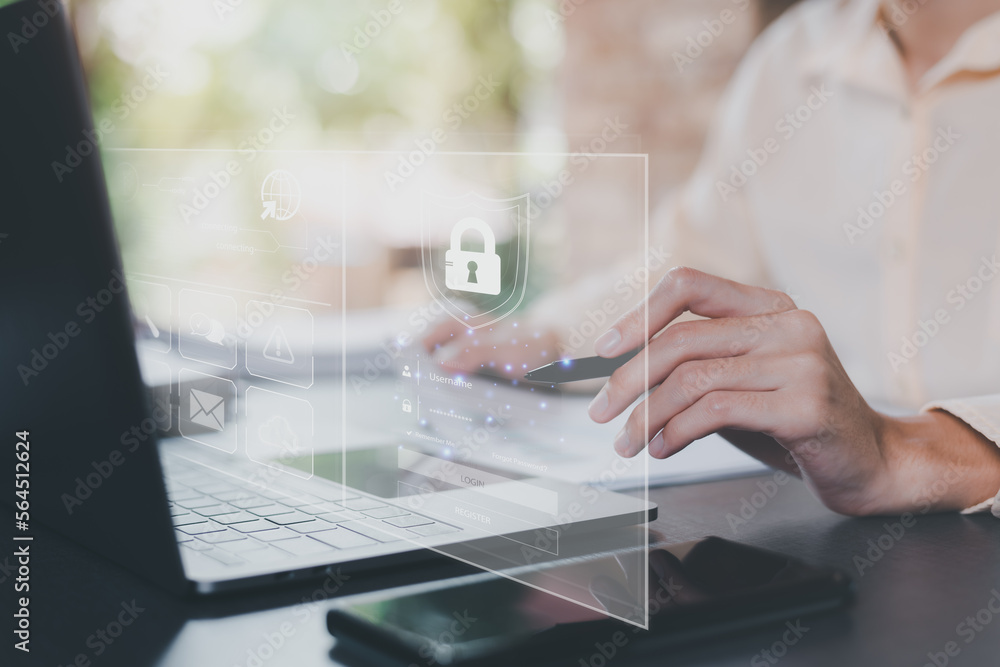 Poster businessman connected network with virtual icon,internet security concept, cyber security online, di