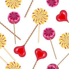 Seamless pattern lollipops on sticks are round in red and yellow stripes, in the shape of a heart.Pattern for packaging,textiles,banners,holiday designs.