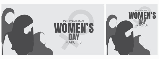 black white womens day campaign poster background design with hijab woman silhouette vector illustration