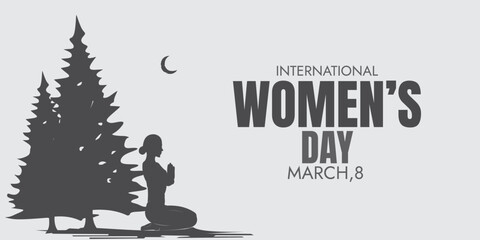 black white womens day campaign poster background design with vector illustration of woman silhouette pose sitting near pine tree
