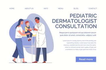 Children's care and treatment, doctor with patient, medical examination.  Infantile dermatology. Mom with child in physician's office Vector characters illustration Web template, landing page, website