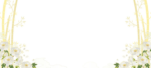 Obraz na płótnie Canvas 透過背景の白牡丹と和柄な雲＆金の竹模様な背景素材（両側） 