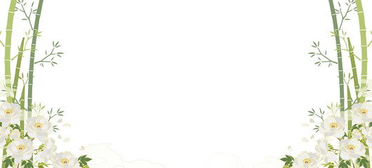 Obraz na płótnie Canvas 透過背景の白牡丹と和柄な雲＆竹模様の背景素材（両側） 