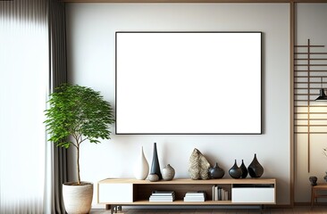 illustration of mock-up wall decor frame is hanging in Japanese style room , empty frame in living room Generative Ai