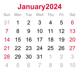 Monthly calendar of January 2024 on transparent background