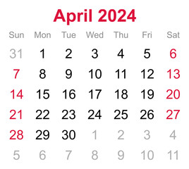 Monthly calendar of April 2024 on transparent background