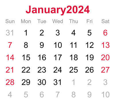 Monthly calendar of January 2024 on transparent background