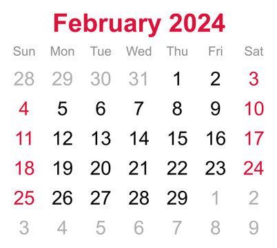 Monthly calendar of February 2024 on transparent background