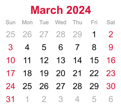 Monthly calendar of March 2024 on transparent background
