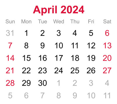 Monthly calendar of April 2024 on transparent background