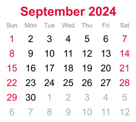 Monthly calendar of September 2024 on transparent background
