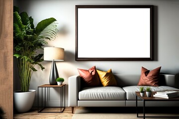 empty picture frame hanging on wall idea for mock up background, minimalism interior design living room Generative Ai