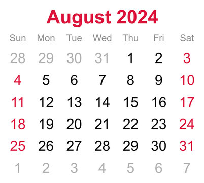 Monthly calendar of August 2024 on transparent background