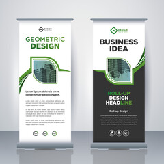 Modern Business Roll Up. Standee Design. Banner Template. Presentation and Brochure. Geometric x-banner and flag-banner advertising. Vector illustration.