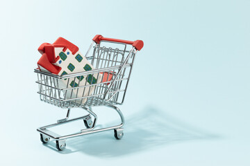 Shopping cart and home model inside on cyan background